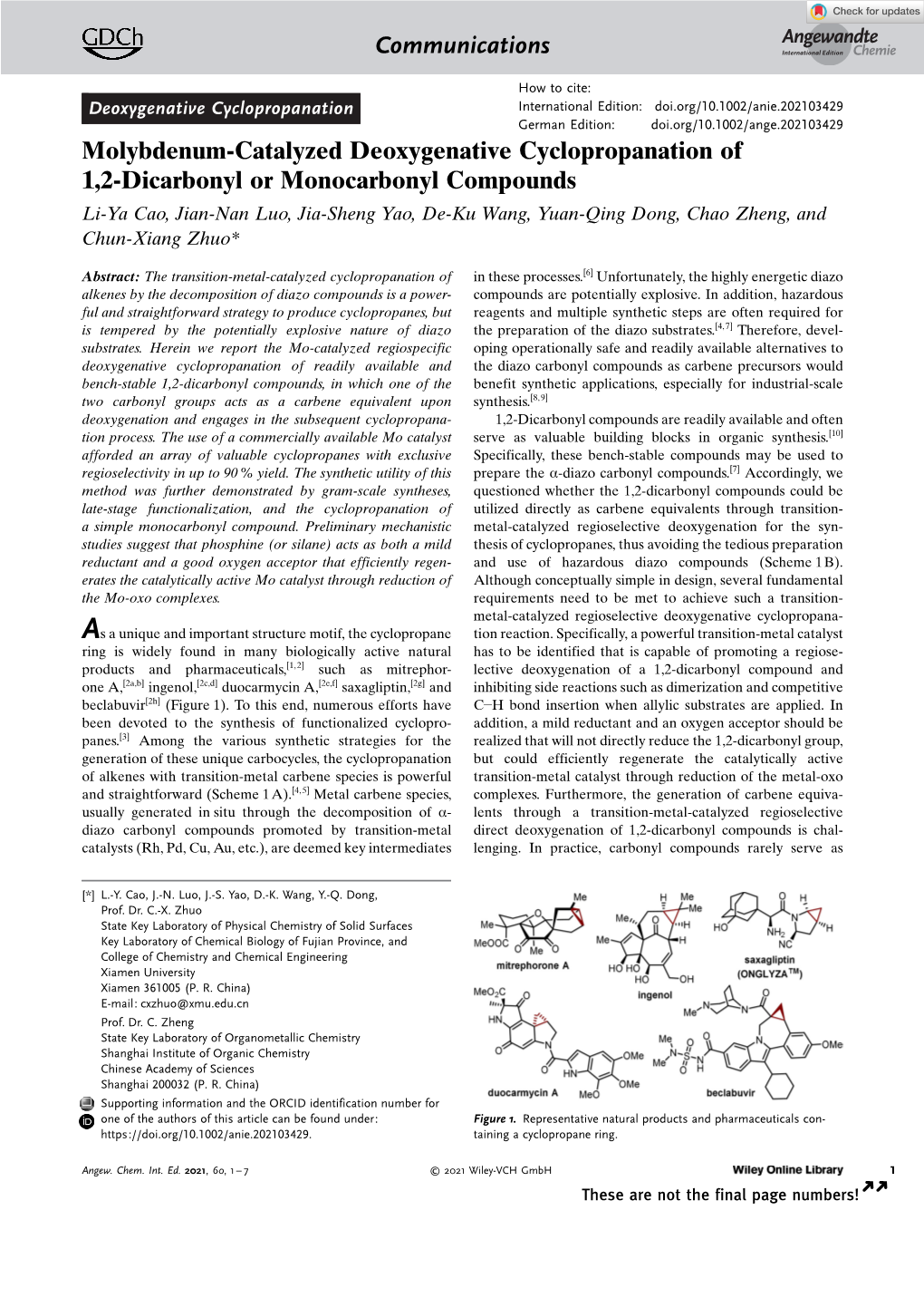 Molybdenum‐Catalyzed Deoxygenative Cyclopropanation of 1,2