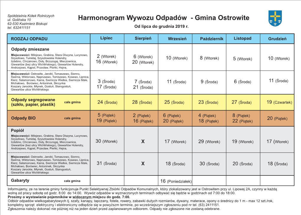 Harmonogram Wywozu Odpadów Gmina Ostrowite Lipiec-Grudzień 2019