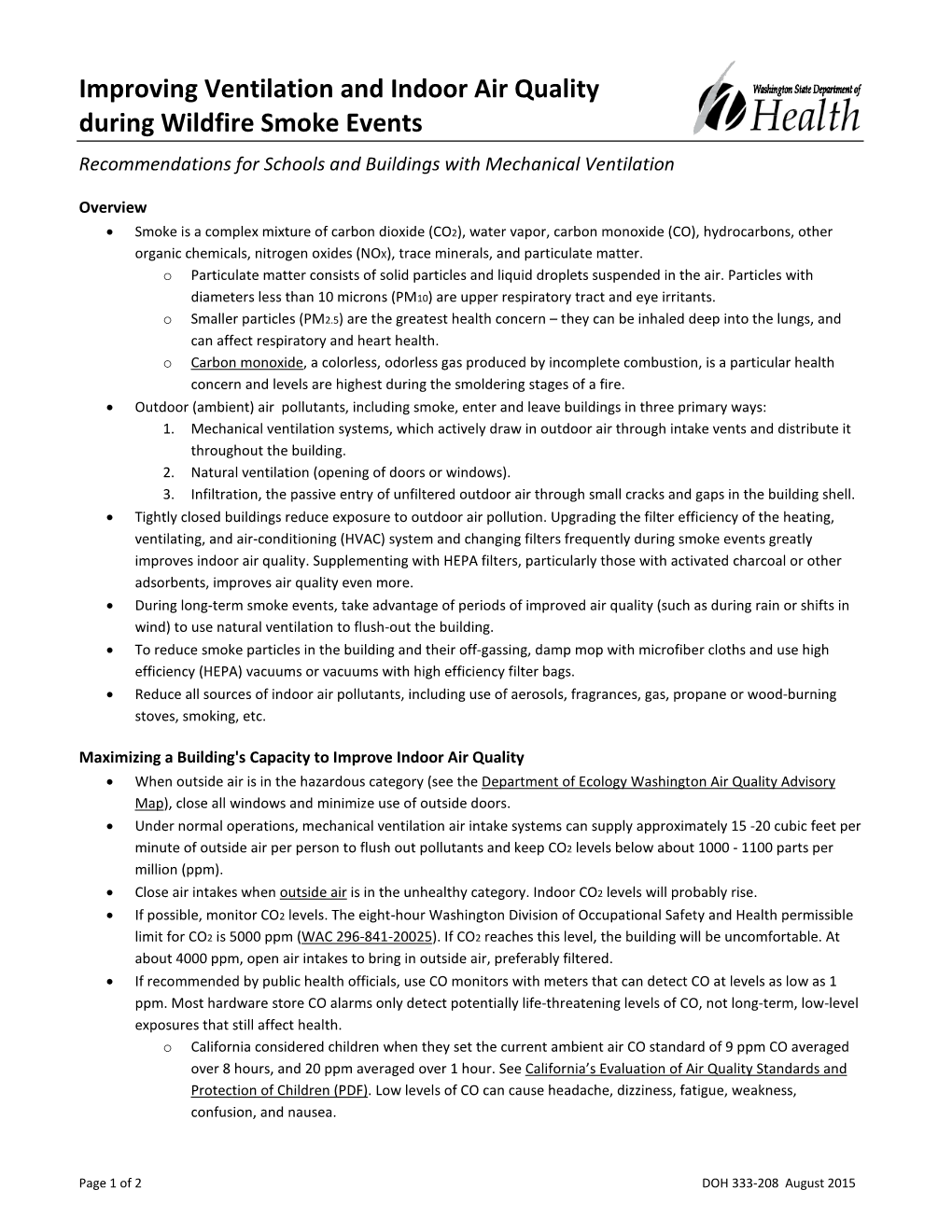 Improving Ventilation and Indoor Air Quality During Wildfire Smoke Events Recommendations for Schools and Buildings with Mechanical Ventilation