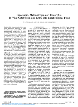 Lipotropin, Melanotropin and Endorphin: in Vivo Catabolism and Entry Into Cerebrospinal Fluid