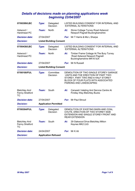 Details of Decisions Made on Planning Applications Week Beginning 23/04/2007