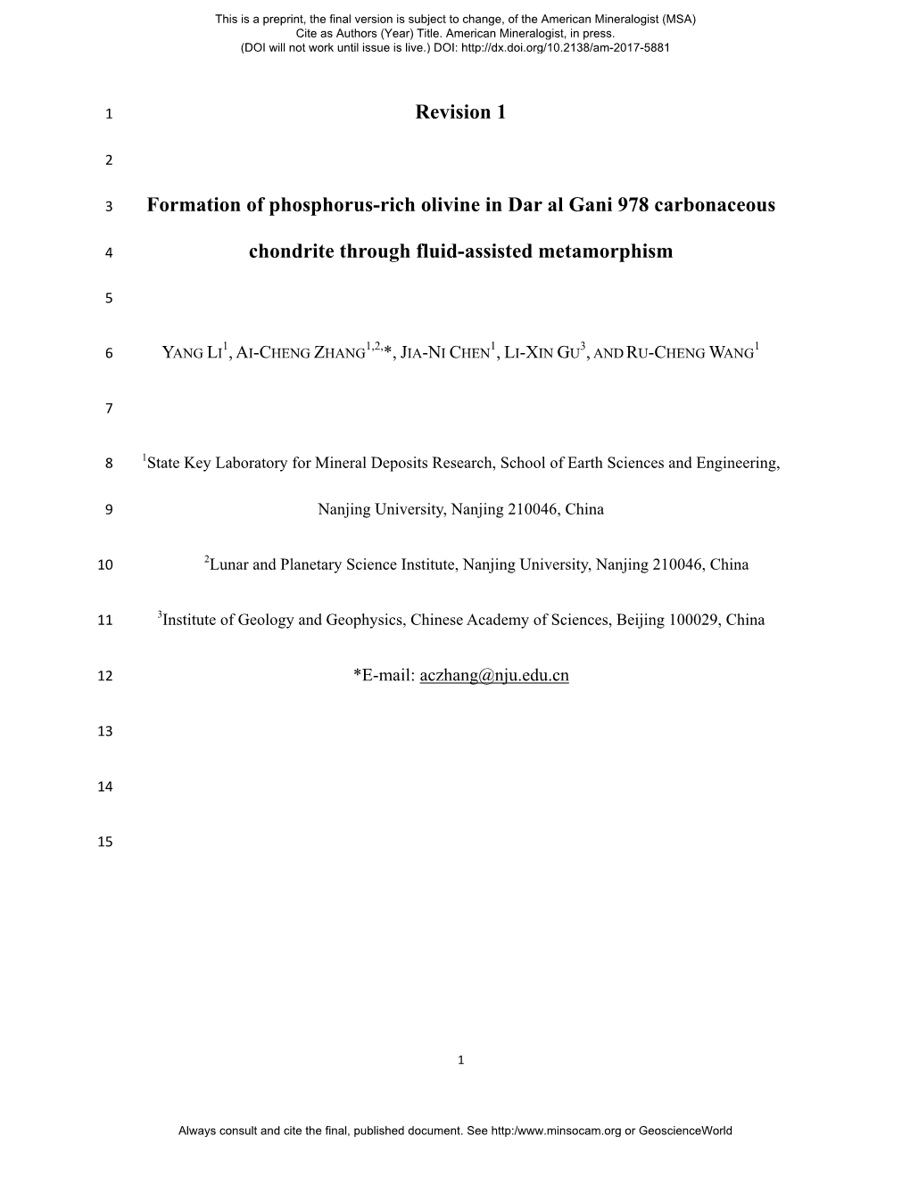 Revision 1 Formation of Phosphorus-Rich Olivine in Dar Al