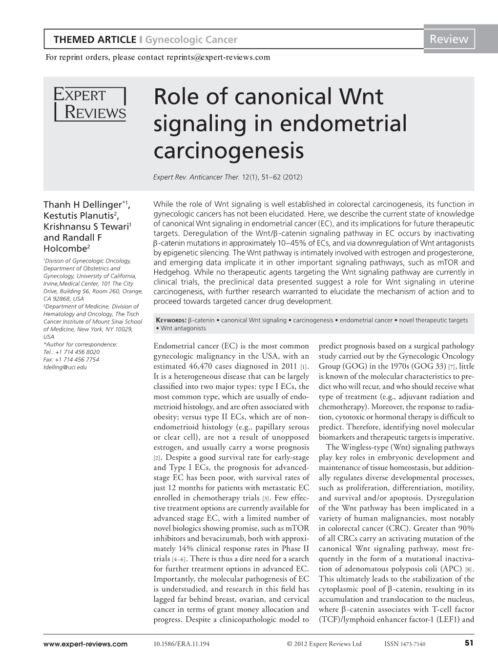 Role of Canonical Wnt Signaling in Endometrial Carcinogenesis