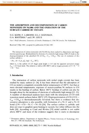 THE ADSORPTION and DECOMPOSITION of CARBON MONOXIDE on Ni(100) and the OXIDATION of the SURFACE CARBIDE by OXYGEN