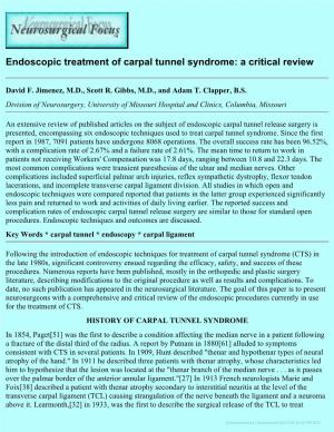 Endoscopic Treatment of Carpal Tunnel Syndrome: a Critical Review