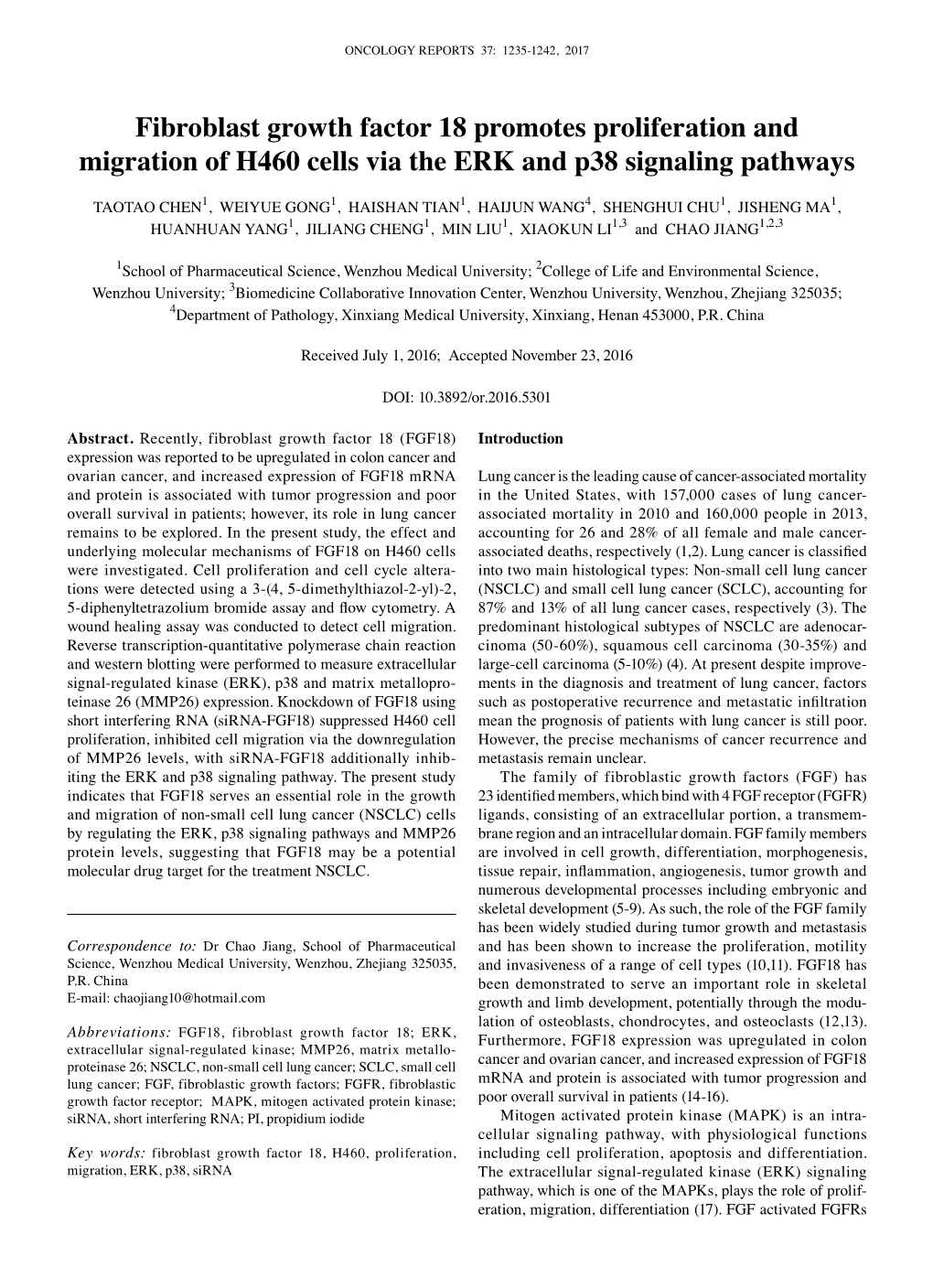 Fibroblast Growth Factor 18 Promotes Proliferation and Migration of H460 Cells Via the ERK and P38 Signaling Pathways