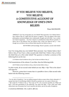 IF YOU BELIEVE YOU BELIEVE, YOU BELIEVE. a CONSTITUTIVE ACCOUNT of KNOWLEDGE of ONE’S OWN BELIEFS Peter BAUMANN