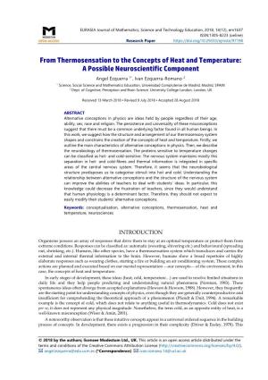 From Thermosensation to the Concepts of Heat and Temperature: a Possible Neuroscientific Component