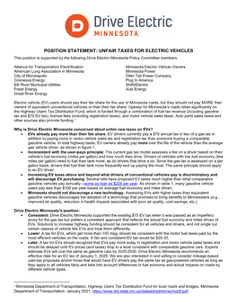 POSITION STATEMENT: UNFAIR TAXES for ELECTRIC VEHICLES This Position Is Supported by the Following Drive Electric Minnesota Policy Committee Members