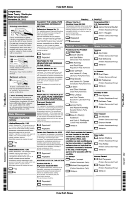 Sample Ballot Lewis County, Washington State General Election November 06, 2012 Precinct 1 SAMPLE PASSED by the LEGISLATURE Advisory Vote No