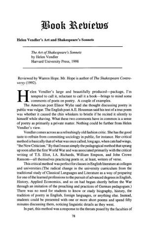 The Art of Shakespeare's Sonnets by Helen Vendler Harvard University Press, 1998