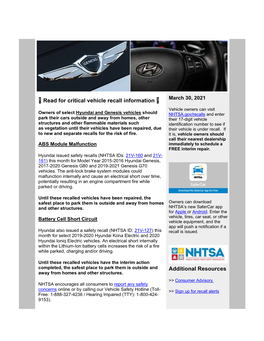Read for Critical Vehicle Recall Information Additional Resources