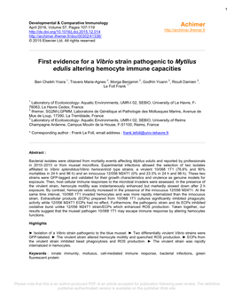 First Evidence for a Vibrio Strain Pathogenic to Mytilus Edulis Altering Hemocyte Immune Capacities