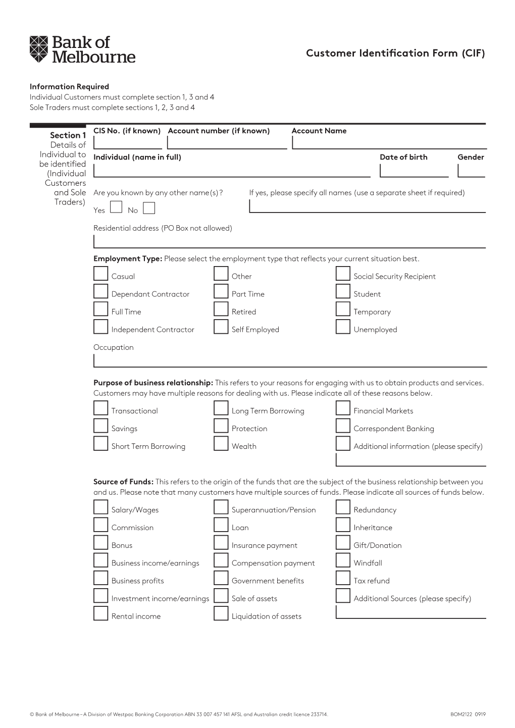 Customer Identification Form (CIF)