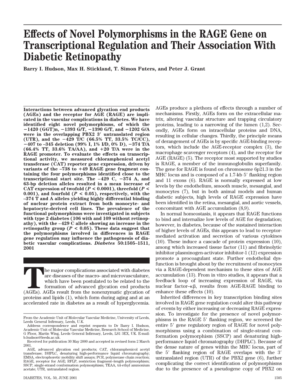 Effects of Novel Polymorphisms in the RAGE Gene on Transcriptional Regulation and Their Association with Diabetic Retinopathy Barry I
