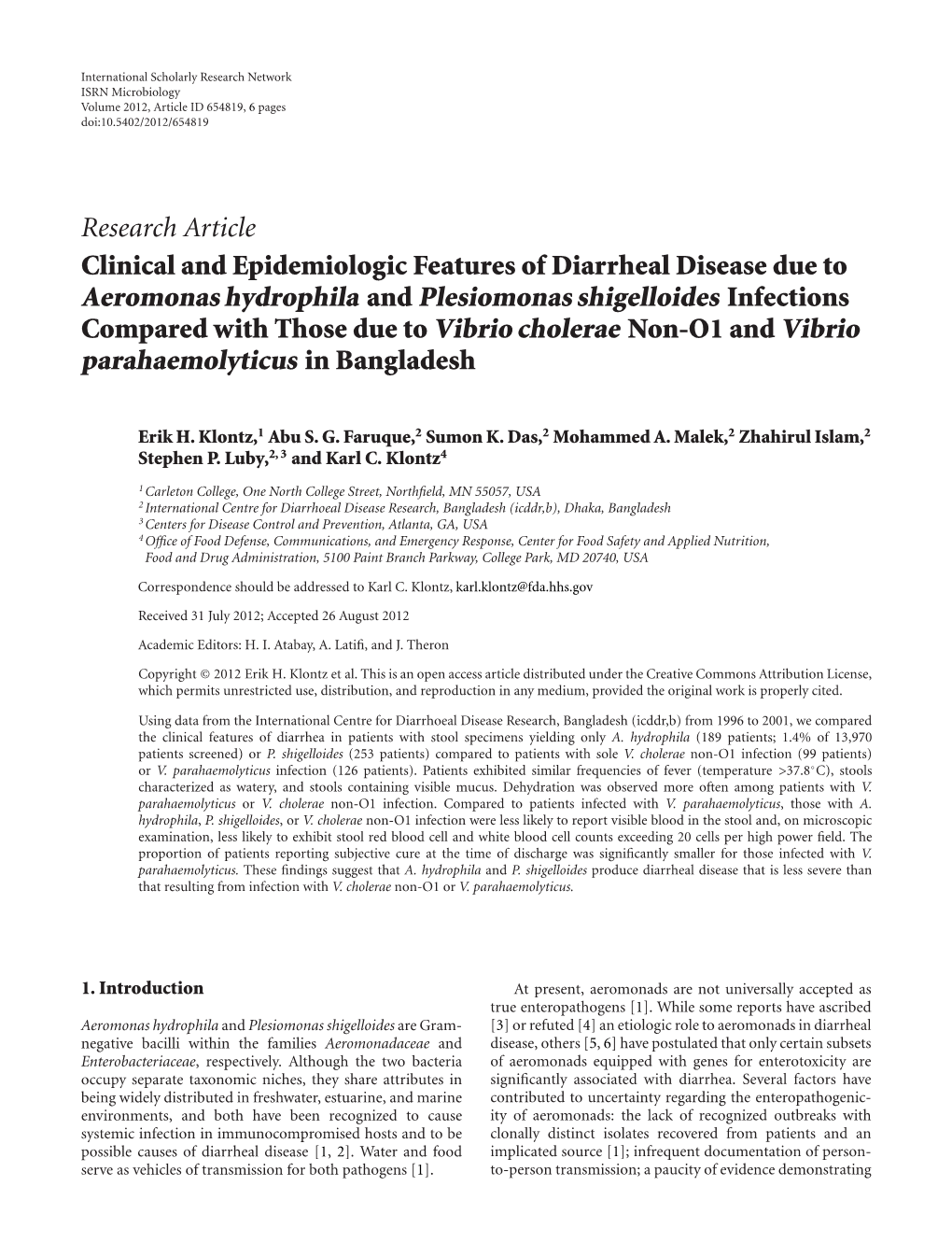 Aeromonas Hydrophila and Plesiomonas Shigelloides Infections Parahaemolyticus in Bangladesh