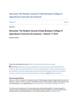 Discovery: the Student Journal of Dale Bumpers College of Agricultural, Food and Life Sciences - Volume 11 2010