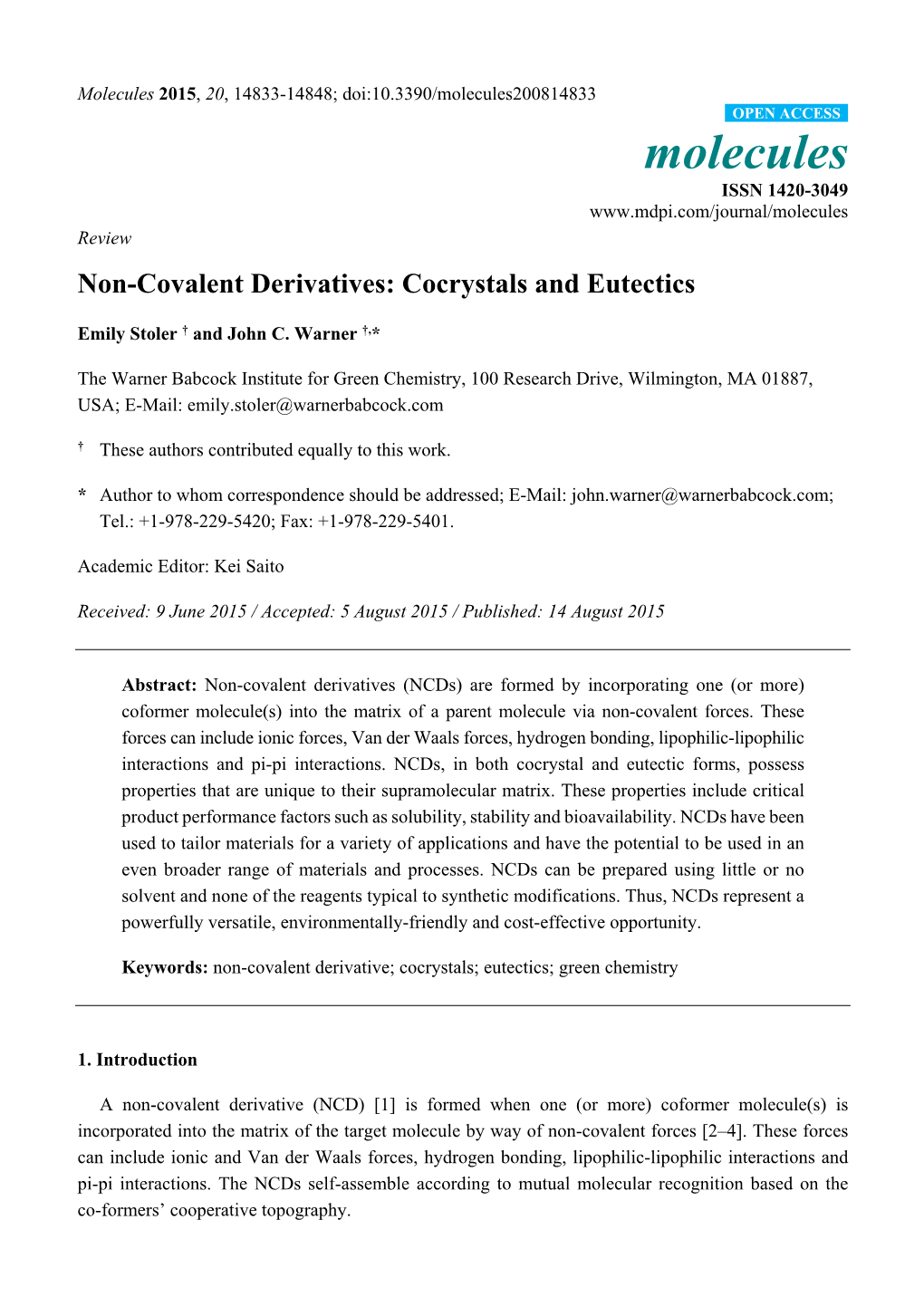 Non-Covalent Derivatives: Cocrystals and Eutectics