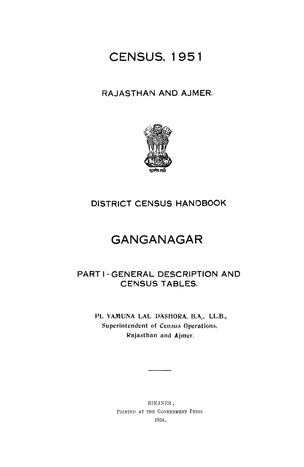 District Census Handbook, Ganganagar, Rajasthan and Ajmer