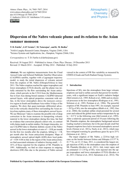 Dispersion of the Nabro Volcanic Plume and Its Relation to the Asian Summer Monsoon