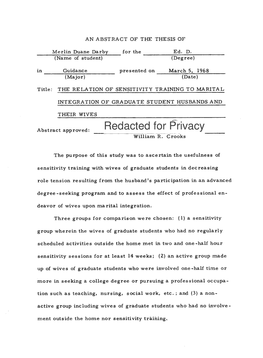 The Relation of Sensitivity Training to Marital Integration of Graduate Student Husbands and Their Wives