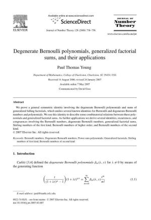 Degenerate Bernoulli Polynomials, Generalized Factorial Sums, and Their Applications