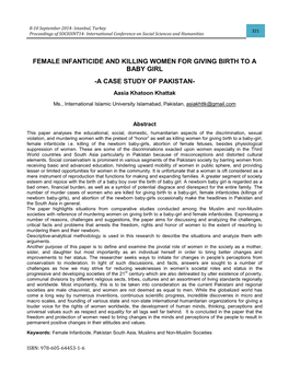 FEMALE INFANTICIDE and KILLING WOMEN for GIVING BIRTH to a BABY GIRL -A CASE STUDY of PAKISTAN- Aasia Khatoon Khattak