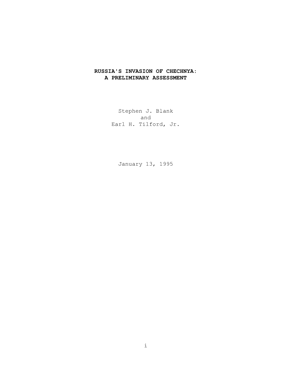 Russia's Invasion of Chechnya: a Preliminary Assessment