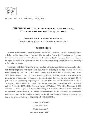Checklist of the Blind Snakes (Typhlopidae), Pythons and Boas (Boidae) of India