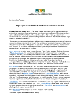 For Immediate Release Angel Capital Association Elects New Members