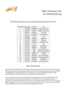 Mag 7 Frequency List for Off-Road Racing