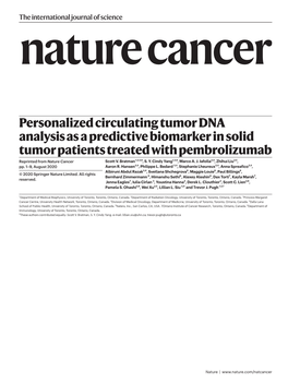 Personalized Circulating Tumor DNA Analysis As a Predictive Biomarker in Solid Tumor Patients Treated with Pembrolizumab Reprinted from Nature Cancer Scott V
