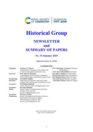 Historical Group NEWSLETTER and SUMMARY of PAPERS