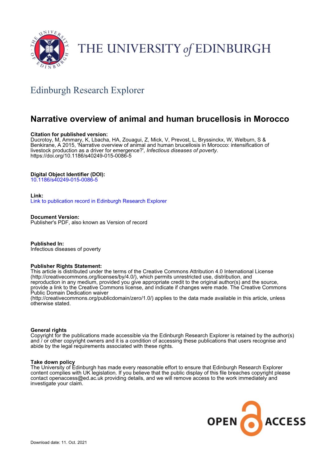 Narrative Overview of Animal and Human Brucellosis in Morocco