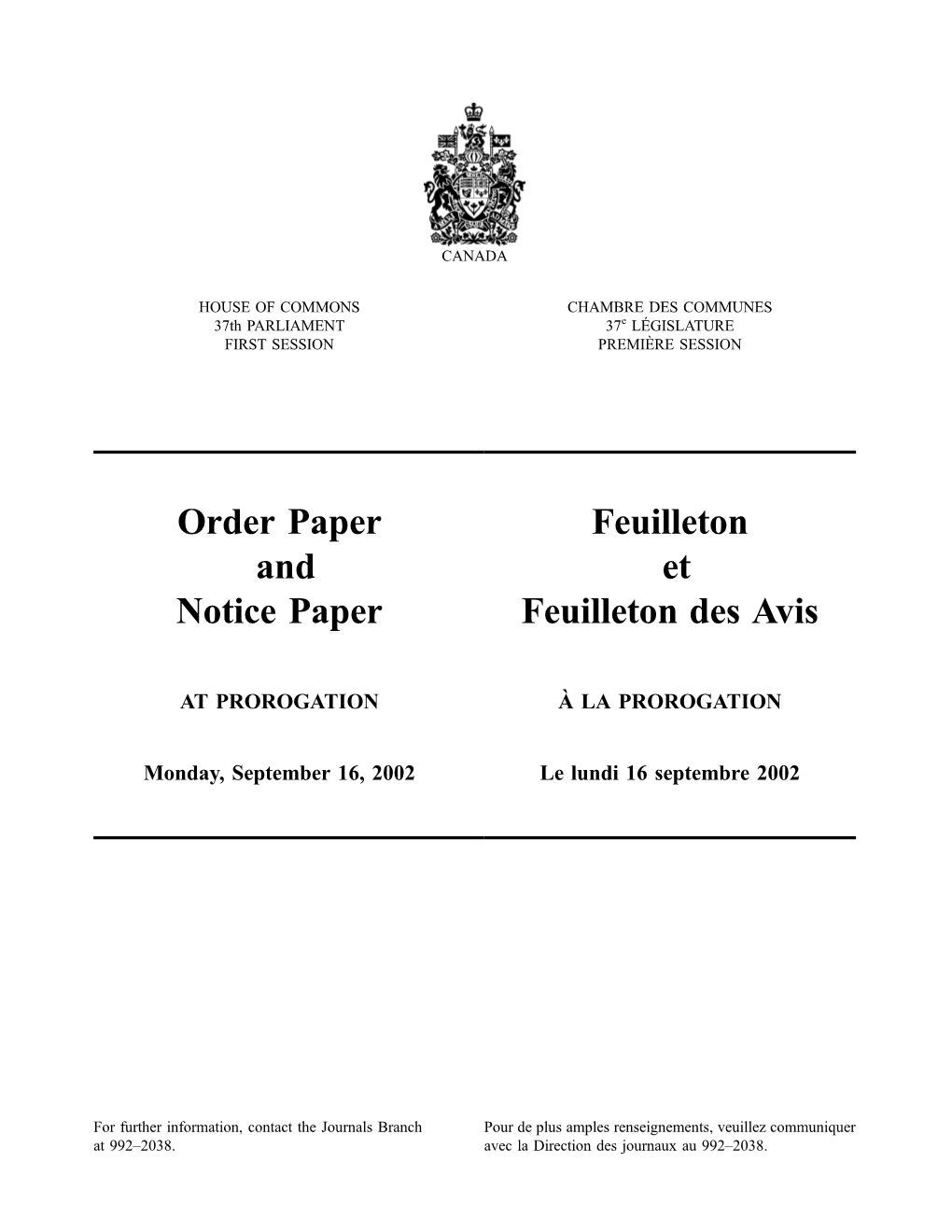 Order Paper and Notice Paper Feuilleton Et Feuilleton Des Avis