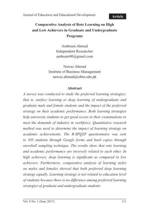 Comparative Analysis of Rote Learning on High and Low Achievers in Graduate and Undergraduate Programs