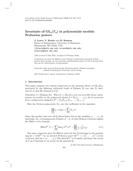 Invariants of Gln(Fq) in Polynomials Modulo Frobenius Powers