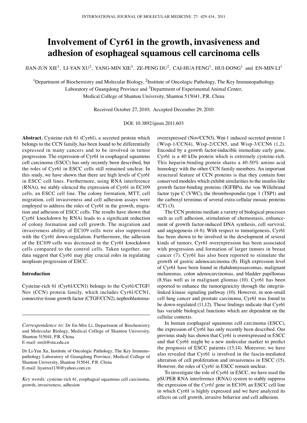 Involvement of Cyr61 in the Growth, Invasiveness and Adhesion of Esophageal Squamous Cell Carcinoma Cells