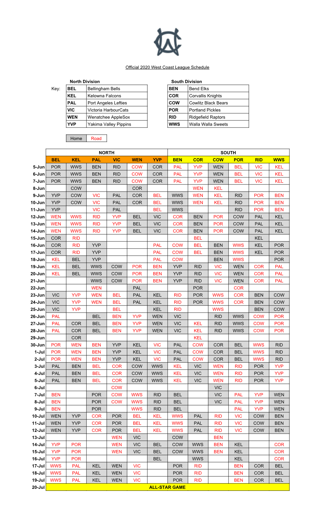 2020 WCL Official Schedule