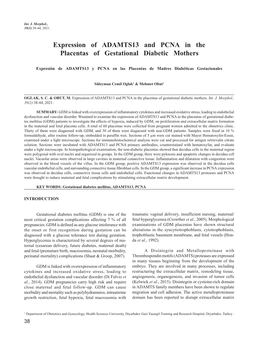 Expression of ADAMTS13 and PCNA in the Placentas of Gestational Diabetic Mothers