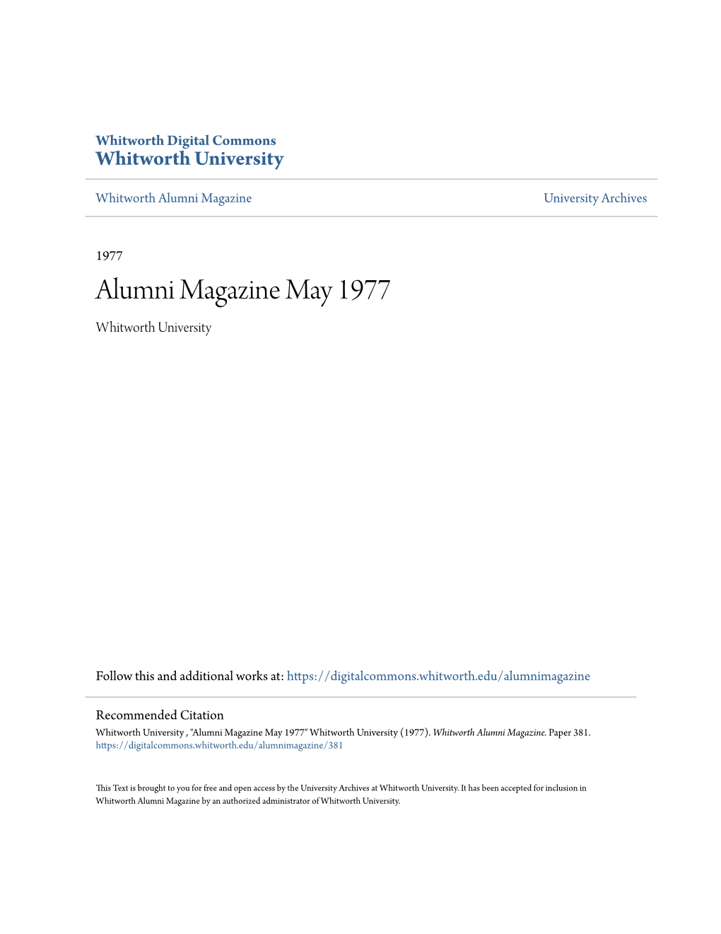 Alumni Magazine May 1977 Whitworth University