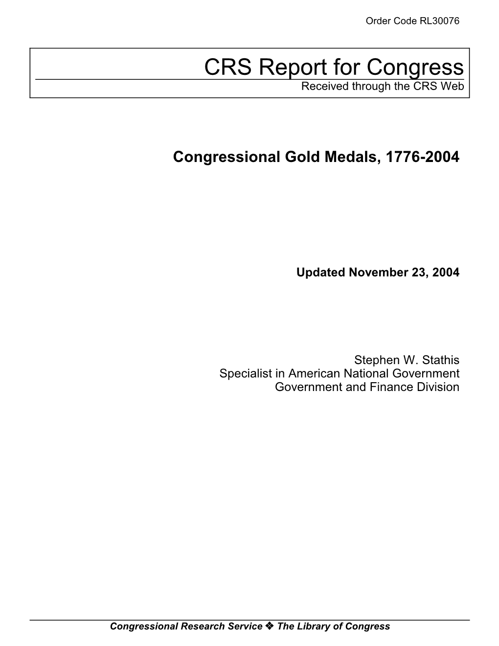 Congressional Gold Medals, 1776-2004