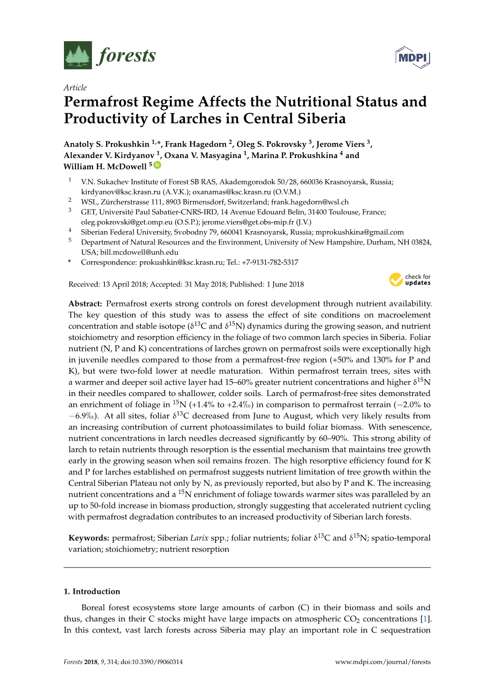 Permafrost Regime Affects the Nutritional Status and Productivity of Larches in Central Siberia
