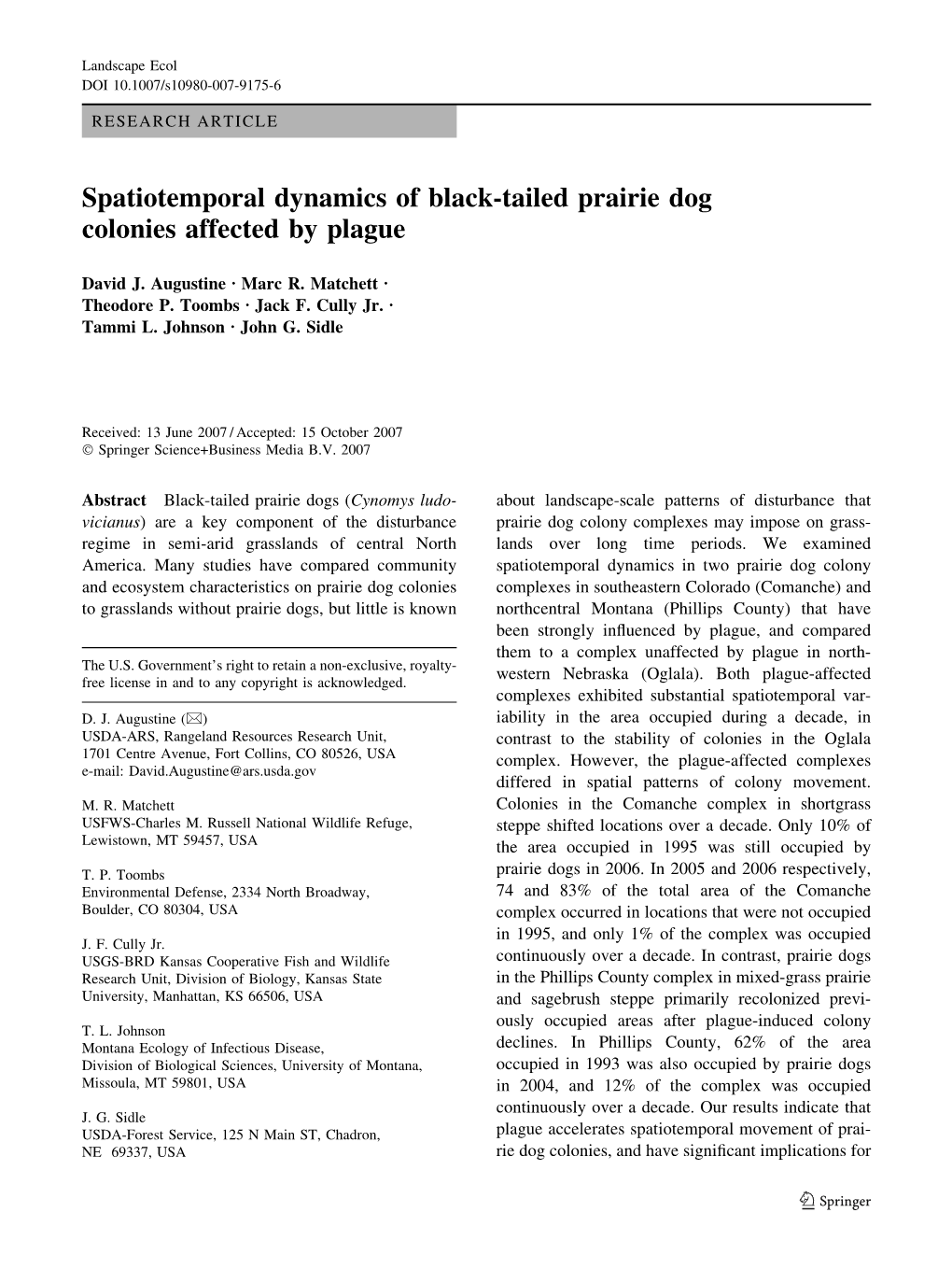 Spatiotemporal Dynamics of Black-Tailed Prairie Dog Colonies Affected by Plague