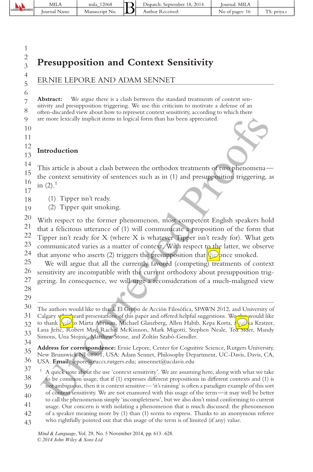 Presupposition and Context Sensitivity