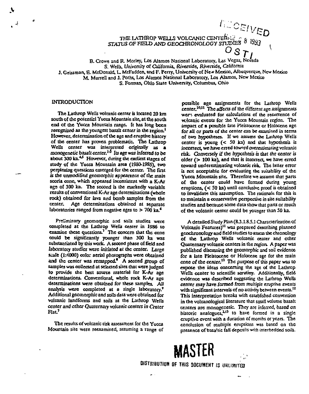 The Lathrop Wells Volcanic Center: Status of Field and Geochronology