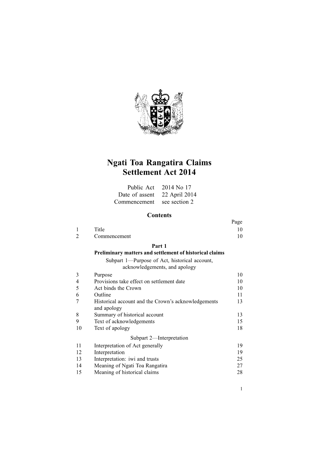 Ngati Toa Rangatira Claims Settlement Act 2014