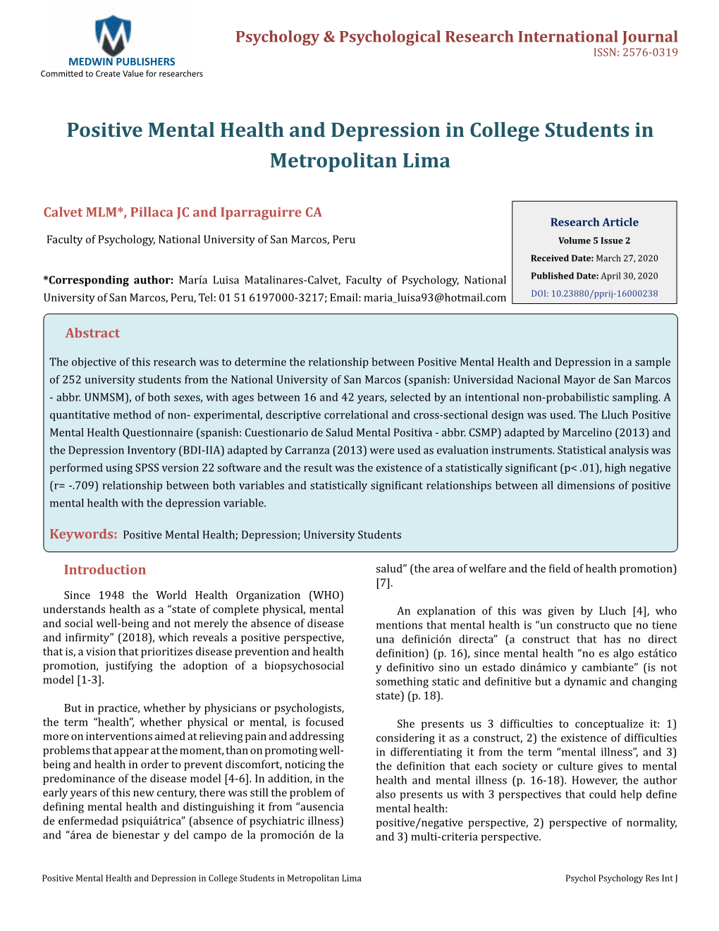 Positive Mental Health and Depression in College Students in Metropolitan Lima