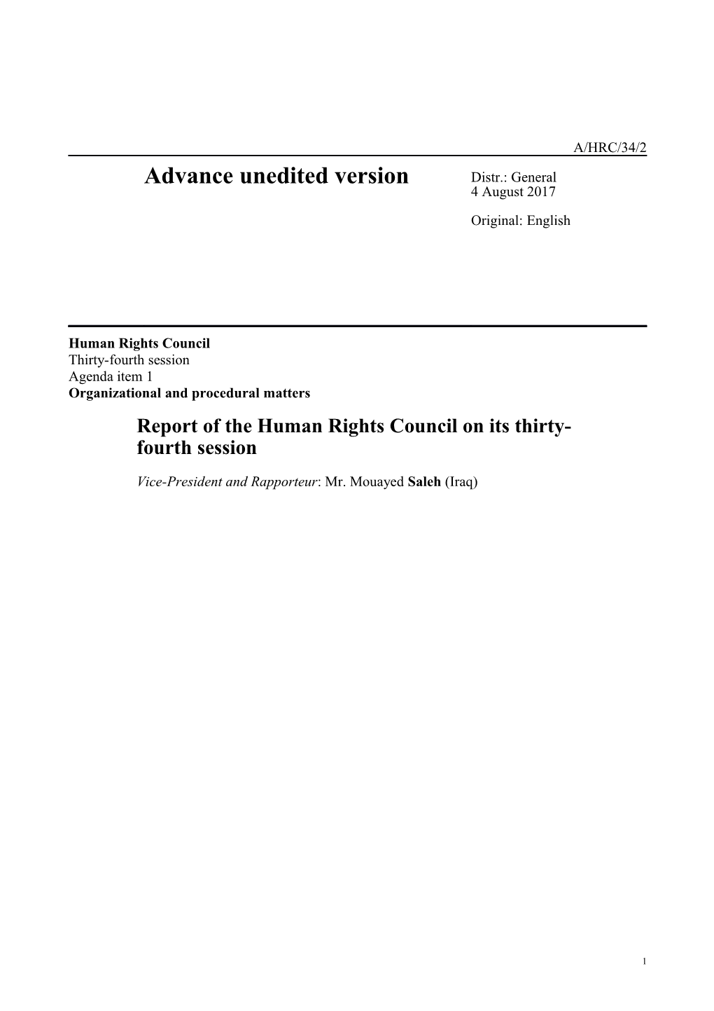 Report of the Human Rights Council on Its 34Th Session (A/HRC/34/2) - Advance Unedited Version