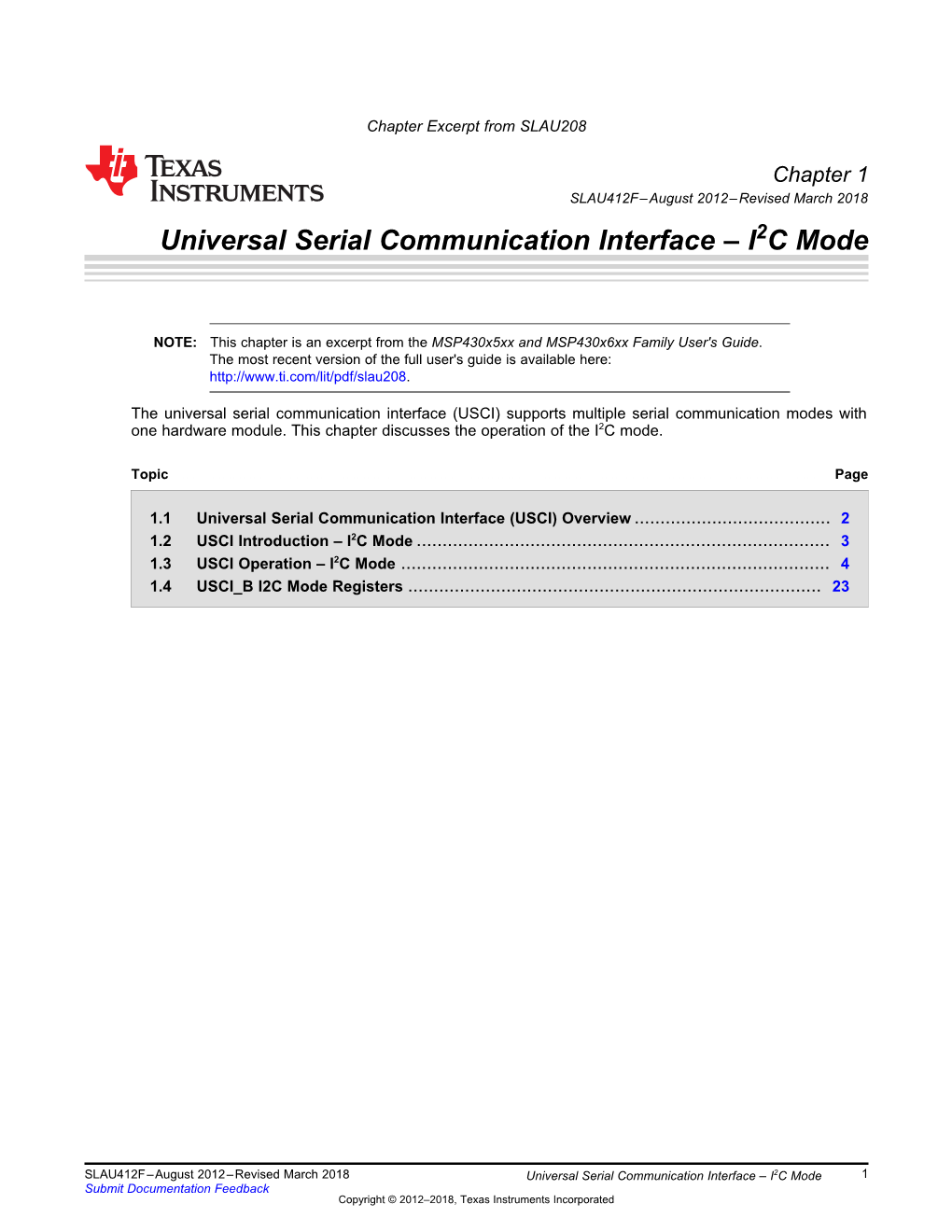 USCI I2C Module (Chapter Excerpt from Msp430x5xx Family, SLAU208)